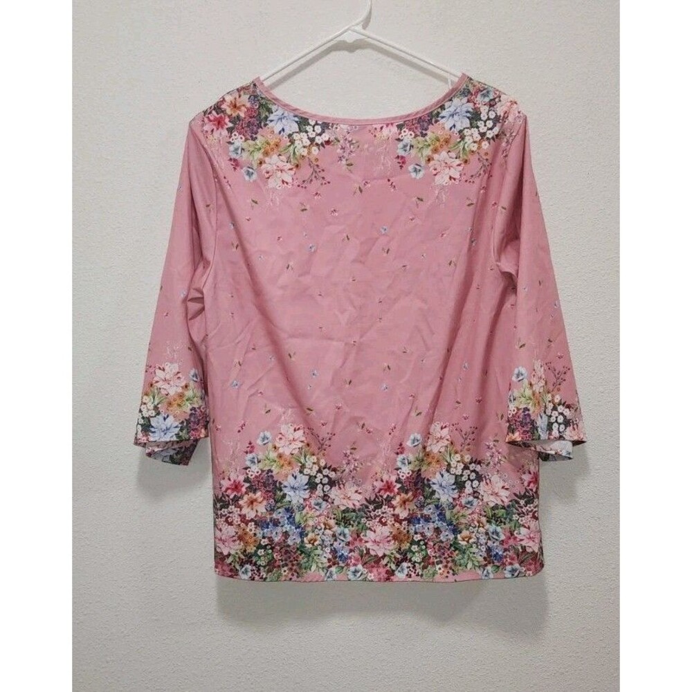 Emery Rose Size 1XL Womens Pink Floral Crew Neck 3/4  Sleeve Lightweight Blouse